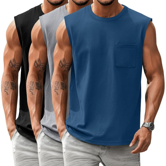 Huukeay 3 Pack Cotton Men's Big and Tall Sleeveless Tank Tops Muscle Shirts Gym Casual Workout Tees with Pocket(Black, Light Gray, Blue,Large)