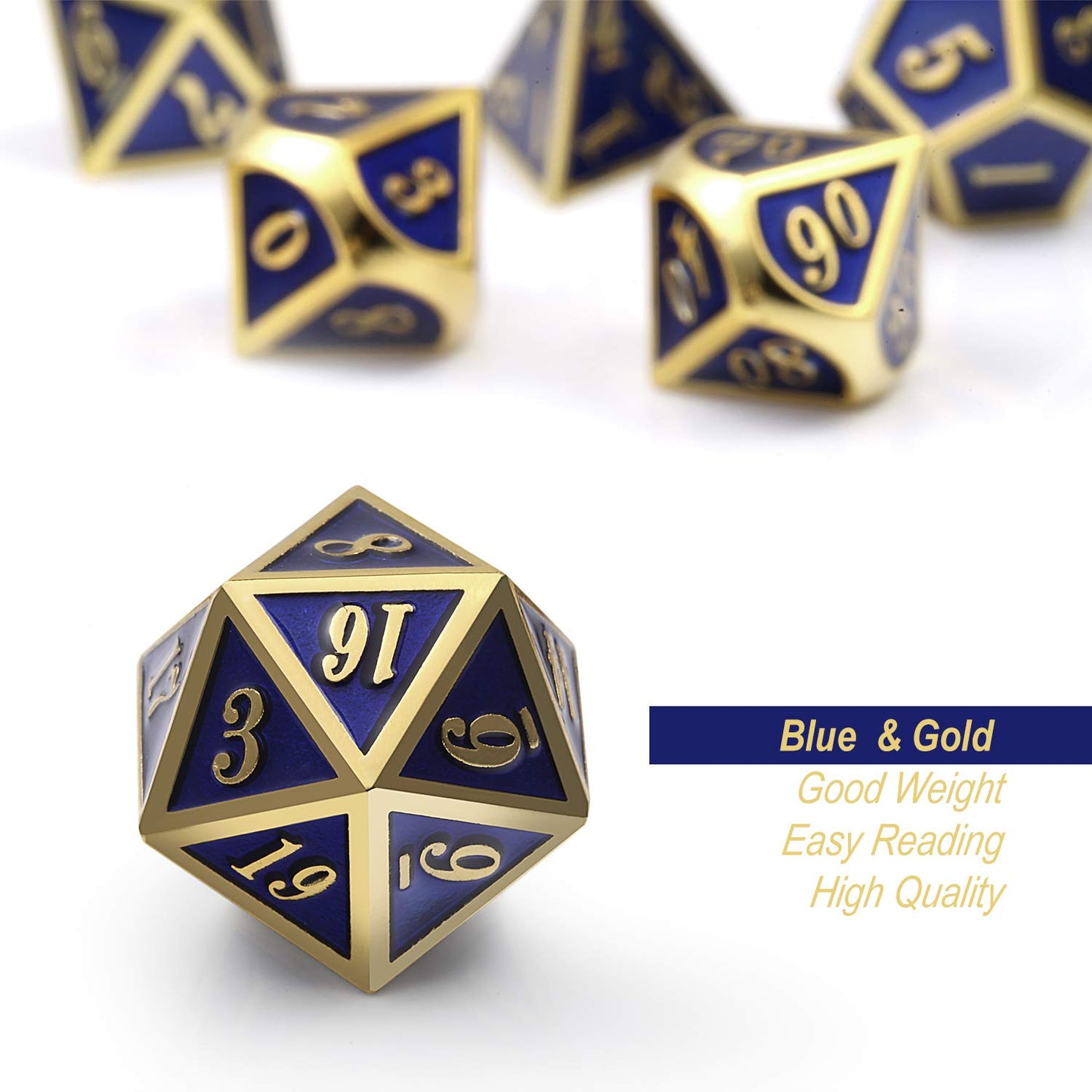 DnDnD Heavy Polyhedral Metal Dice Set with Metal Box, 7-die Shiny Blue Surface with Golden Number for RPG,Dungeons and Dragons,Pathfinder,Shadowrun,D&D,Role Palying Game and Math Teaching