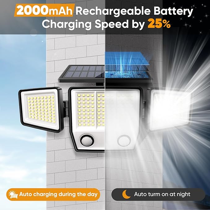 Solar Motion Sensor Outdoor Lights Waterproof - 3000LM 3 Modes Security Lights Outdoor 270° Illumination IP65 LED Solar Flood Wall Light for Garden Yard Patio Pathway (Modern, 2)