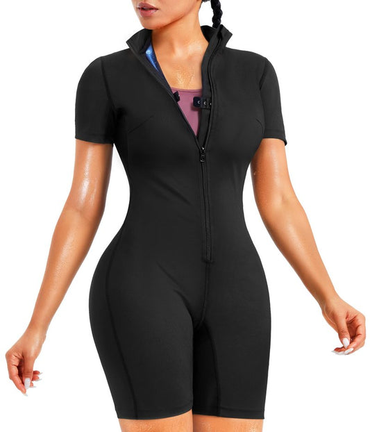 Junlan Sauna Suit for Women Full Body Jumpsuit Waist Trainers for Women Belly Fat Workout Sweat Suit(Silver,Medium)