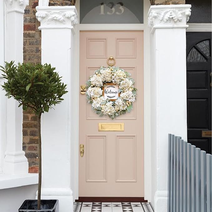 Year Round Wreaths for Front Door 22 Inch, Spring/Summer Wreath with Hydrangeas Lamb's Leaves Berries Welcome Board for Holiday Farmhouse Home Indoor Outdoor Wedding Party Wall Window Decor