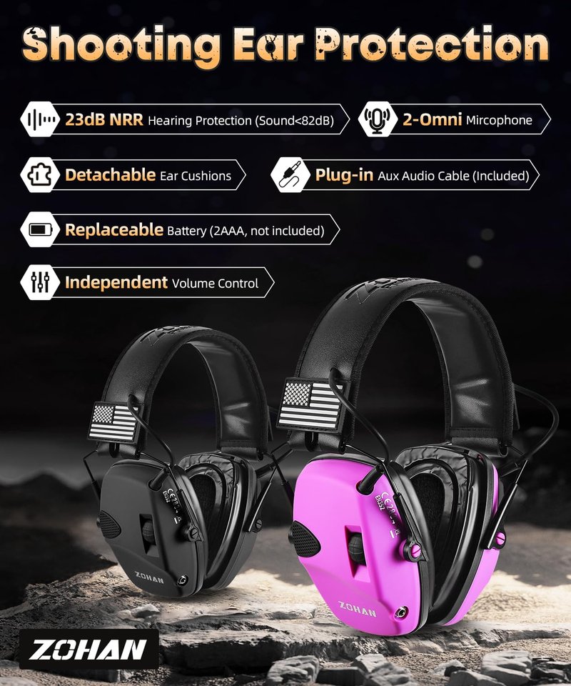 ZOHAN Safety Ear Protection with Gel Ear Pads, 4X Sound Amplification, Impact Hearing Protection 23dB NRR for Hunting, Range Use(Gel-Black+Purple)