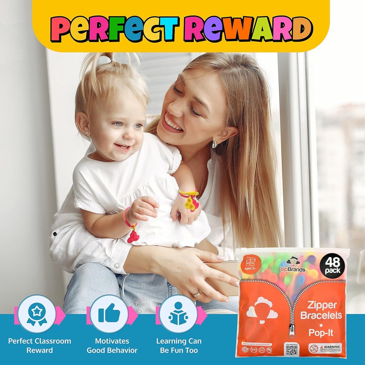 UpBrands 48 Upgraded Pop-It Zipper Bracelets For Kids, ADHD Fidget Toys, Fidgets For Kids, Anxiety Relief Fidget Toys, Kit For Halloween Trinkets, Goody Bags & Easter Eggs Hunt Fillers