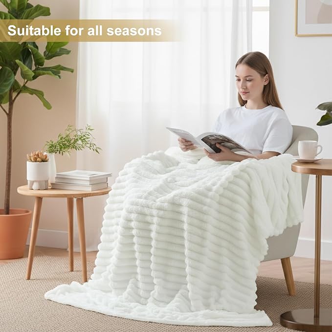 decorUhome Soft Fleece White Blanket King Size for Bed, Cozy Fluffy Plush Flannel Large Striped Throws for Couch Sofa, Lightweight Decorative Fuzzy Blanket for Woman, 108x90 Inches