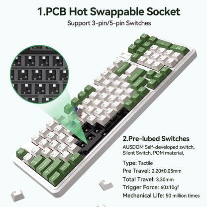 AUSDOM 98Pro Silent Mechanical Keyboard, Wireless Hot Swappable Gaming Keyboard with Backlit,Gasket Structure,Pre-lubed Tactile Switches,2.4GHz/Type-C/Bluetooth Custom Keyboards (Green & White-Silent)