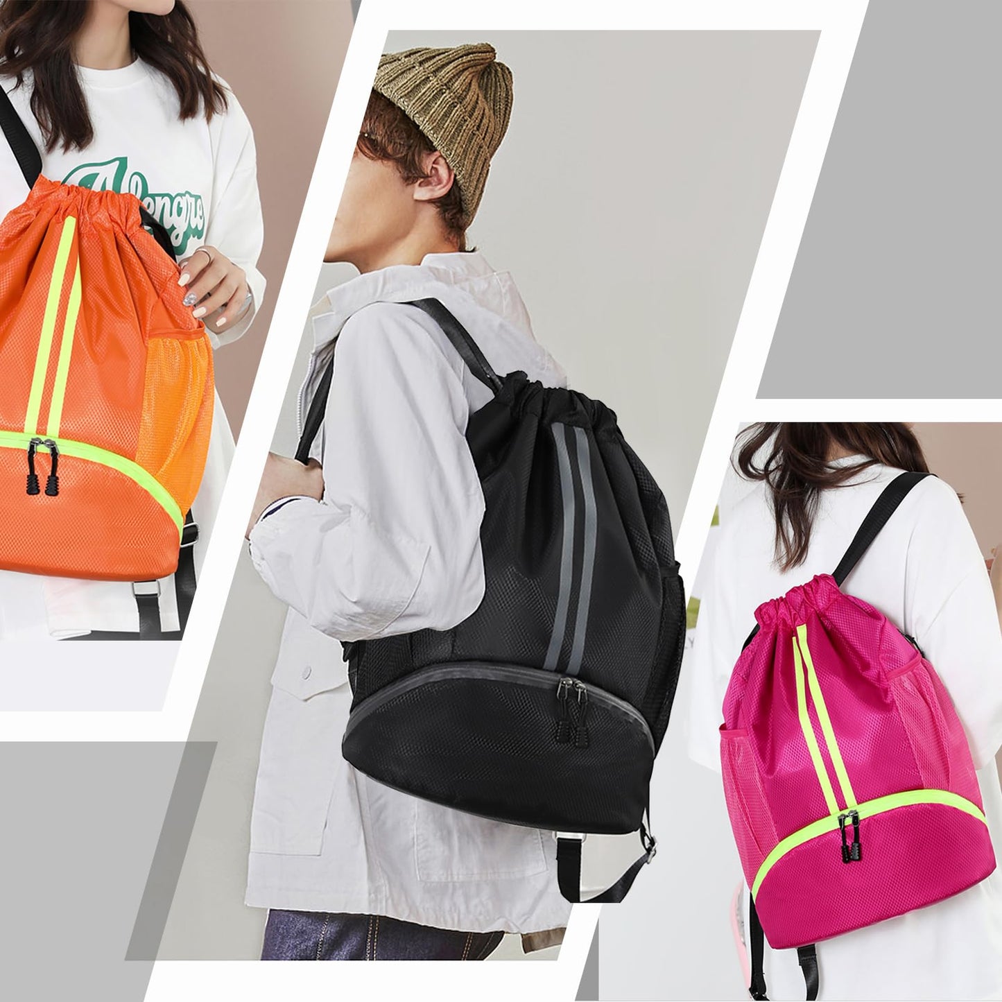 Hoedia Sports Drawstring Backpack - String Swim Gym Bag with Shoes Compartment and Wet Proof Pocket for Women&Men