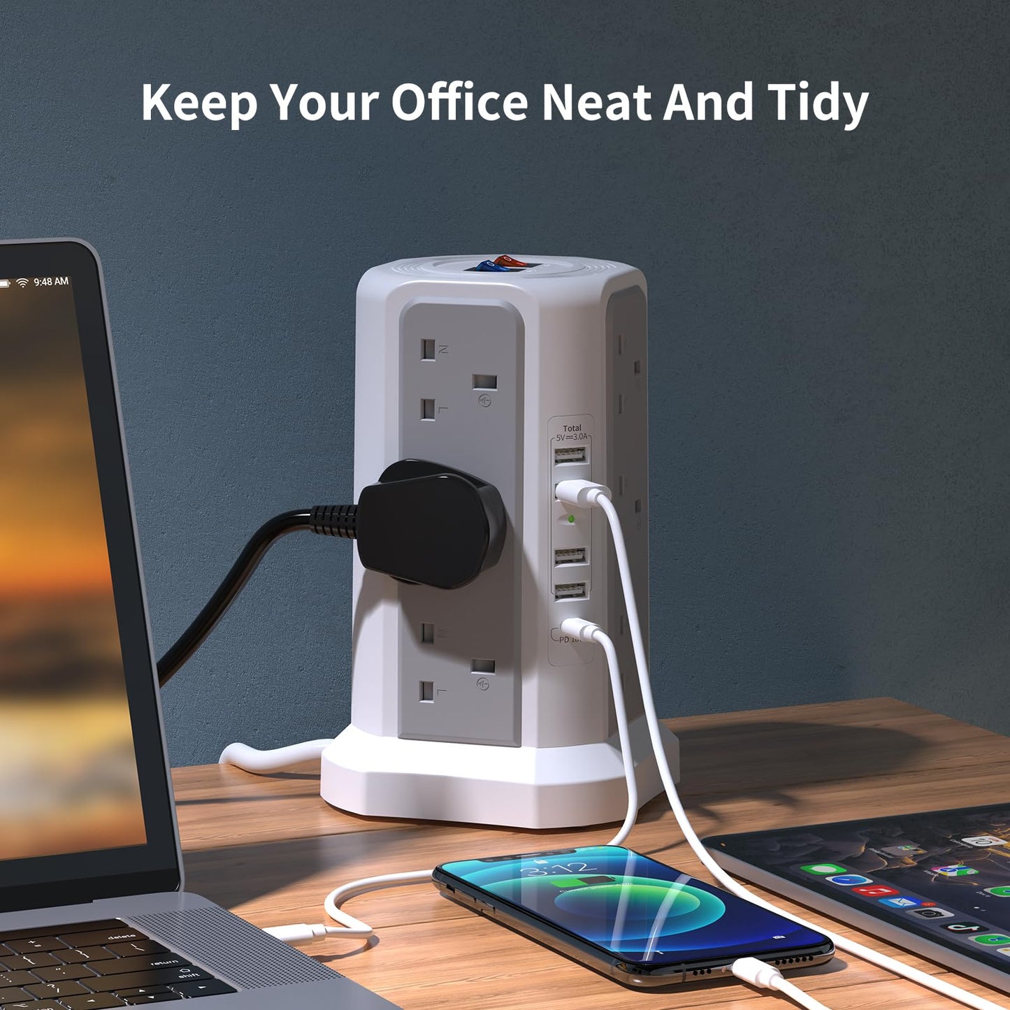 Tower Extension Lead with USB Slots and USB C Fast Charger, (13A 3250W) 5 USB Ports and 12 Way Extension Tower, Extension Cable for Home, Office (Gray and White, 1.8M)