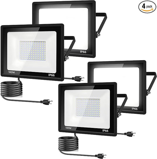 4 Pack-100W LED Flood Light Outdoor,11000LM LED Work Light with US Plug,6000K Daylight White,IP67 Waterproof Outdoor Floodlights for Yard,Garden,Playground