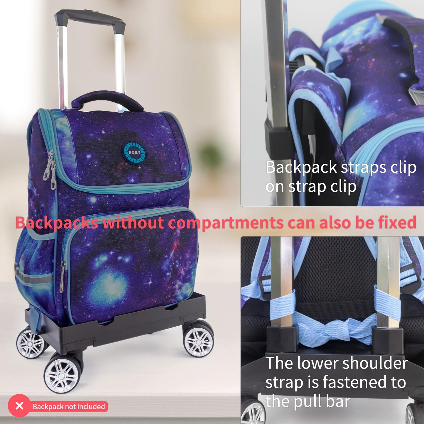 Backpack Trolley Wheeled Cart, Foldable Aluminium Alloy Hand Truck with Edge Guard Base, 4 Spinner Wheels, Luggage Cart with Luggage Strap for Teenagers, Adults, School,Luggage Trolley for Travel