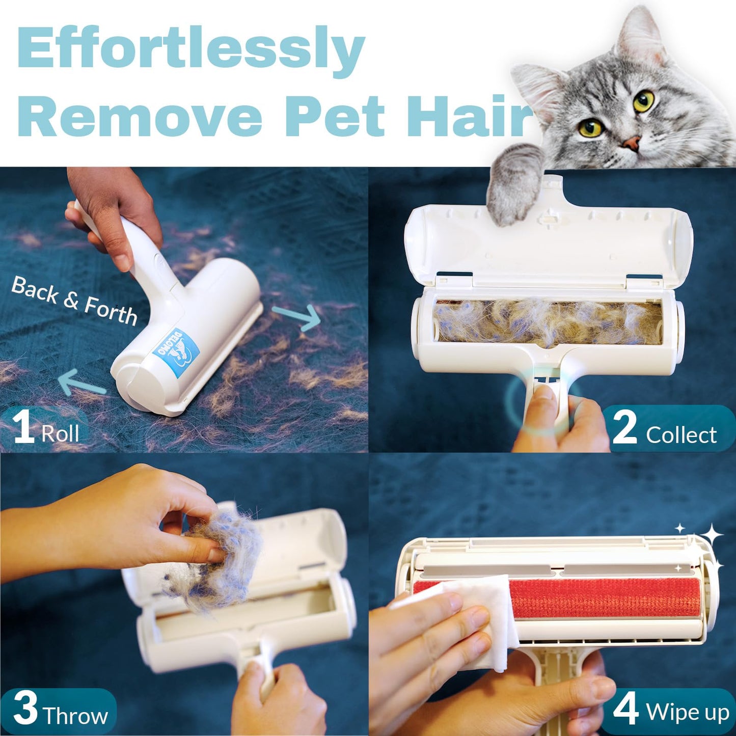 DELOMO Pet Hair Removal Tool: Pet Hair Remover with Fur Bin - Reusable Lint Roller for Pet Hair - Cat and Dog Hair Remover for Couch, Furniture, Carpet, Clothes, Car Seat - Essential for Pet Owners