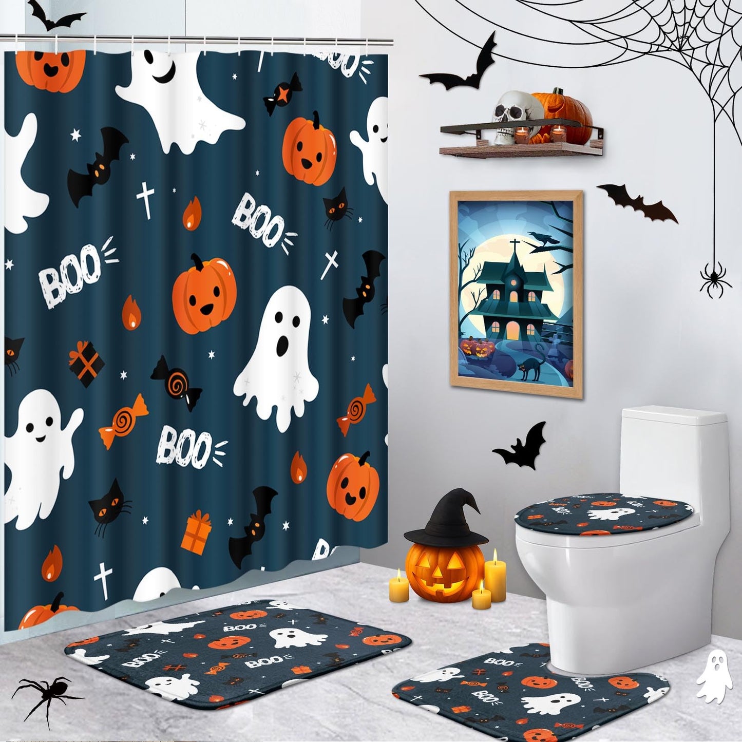 ArtSocket Fun Halloween Cute Ghosts Bathroom Set with Shower Curtain and Rugs Accessories, Pumpkins Halloween Spooky Spooky Shower Curtain for Bathroom Decor 4 Pcs