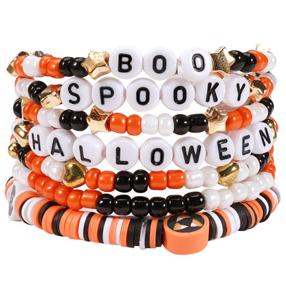 Ardorchid Halloween Bracelets for Women Spooky Boo Beaded Stackable Letter Bracelet Boho Clay Heishi Bracelets Halloween Party Jewelry