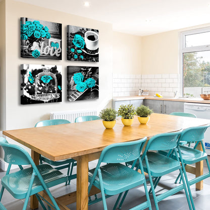 Teal Rose Wall Art Bedroom Decor Canvas Print Turquoise Flowers Pictures for Living Room Kitchen Accessories Artwork Framed 12" W x 12" H 4 Pieces