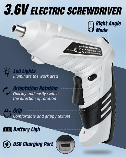 KALAHOL 49 Piece Electric Screwdrivers Cordless, 1300mAh Cordless Screwdriver Rechargeable, 3.6V Rotatable 90 Degrees Electric Screwdriver Set for Home DIY, White