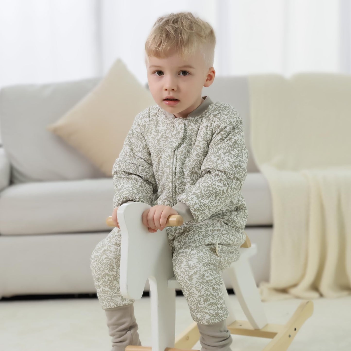 Mosebears Baby Sleeping Bag, 2.5 TOG baby sleep sack with Legs,Warmly Lined Winter Sleeping Bag with Removable Sleeves(Leaf,18-36 Months(baby height 85-95cm))