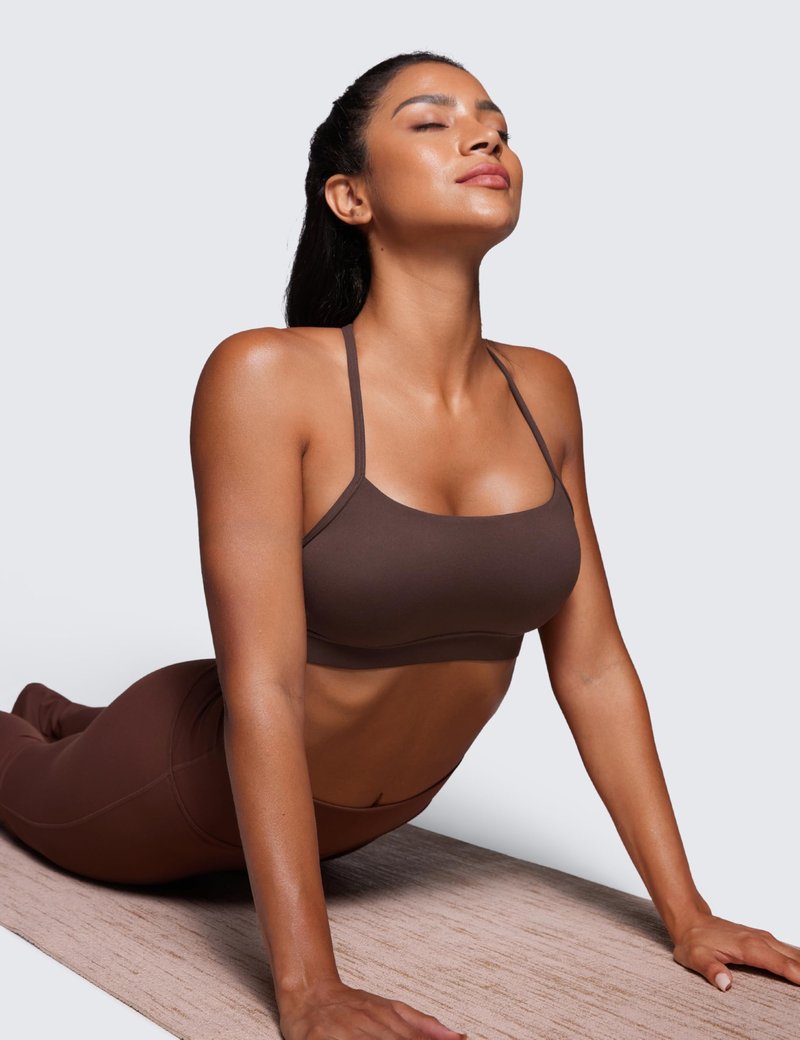 CRZ YOGA Butterluxe Y Back Sports Bras for Women - Padded Racerback Low Impact Spaghetti Thin Strap Workout Yoga Top Hot Fudge Brown Small