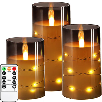 Kiexung Flameless Candle with String Light, Battery Powered Candle, Recessed String LED Candle, Indestructible Plexiglass Candles with Remote Control, Set of 3, Gray