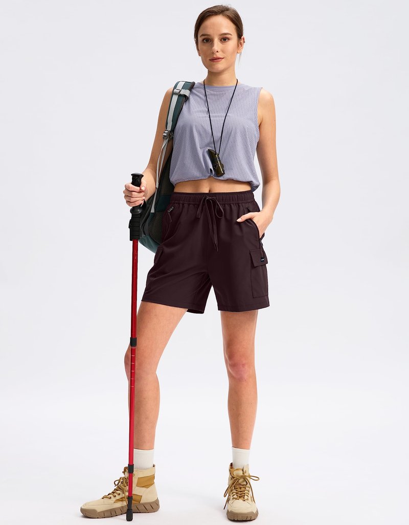 SANTINY Women's 5''/ 7''/9'' Hiking Cargo Shorts Quick Dry Lightweight Summer Shorts for Women Athletic Golf Zipper Pockets(Wine_XL)