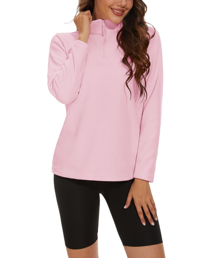 MAGCOMSEN Fleece Jacket Women Long-sleeve Lightweight Pullover Winter Thermal Tops Quarter Zip Sweatshirts, Pink, XL