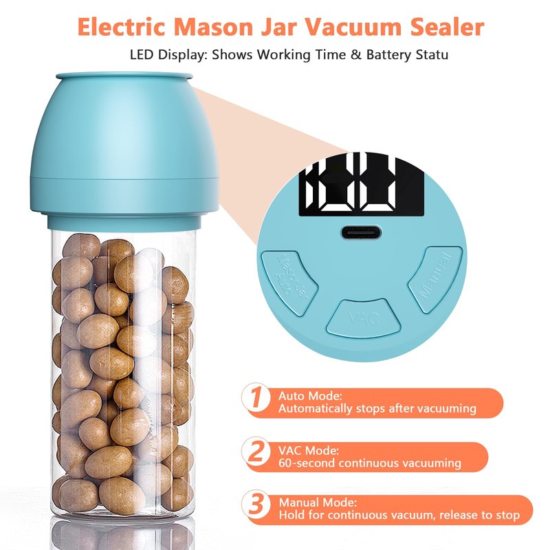 Zivif Electric Mason Jar Vacuum Sealer, Rechargeable Vacuum Sealing Kit for Wide & Regular Mouth Mason Jars, Automatic Jar Sealer for Canning and Food Storage, Includes Lids & Accessories, Blue