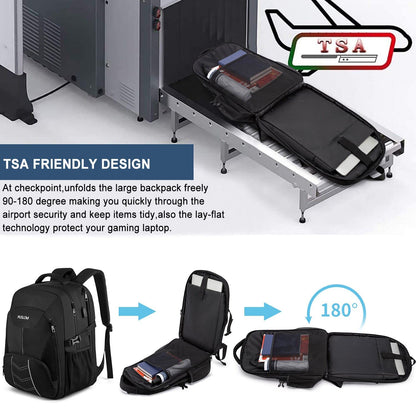 Extra Large Backpack 55L,18.4 Inch Travel Laptop Work Bag with USB Charging Port Big Business Flight Approved TSA Heavy Duty Computer Rucksack for Men Women College School,Black