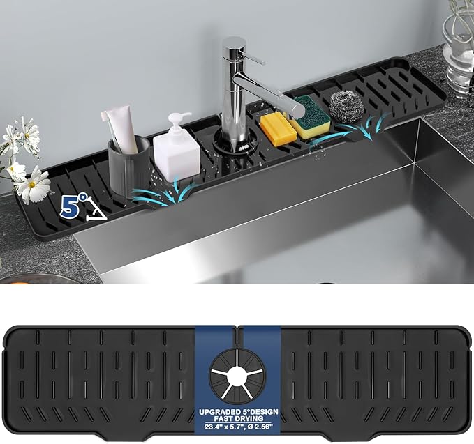 24" Splash Guard Plus Size Silicone Sink Faucet Drying Mat Handle Drip Catcher
