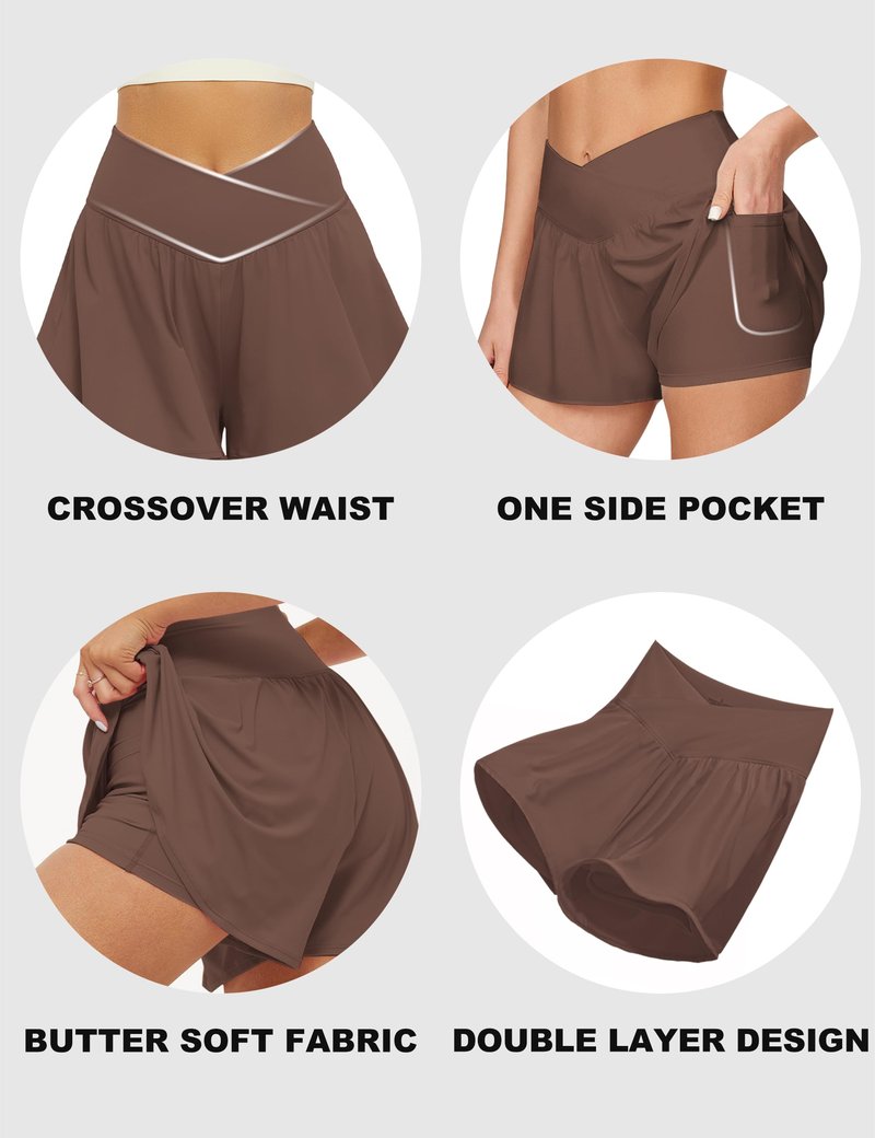 FireSwan Crossover Athletic Shorts for Women 2 in 1 Flowy Running Shorts with Pockets Spandex Butterfly Workout Tennis Skorts Brown