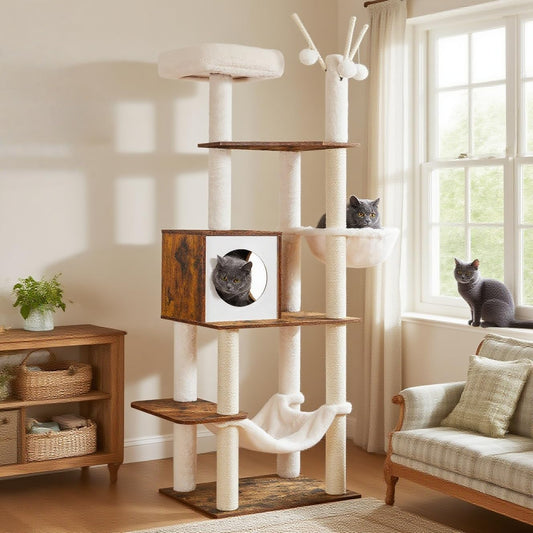 Hey-brother Wooden Cat Tree, 66.1“ Cat Furniture with Scratching Posts, Modern Cat Tower with hammocks, Toys, cat condo, Rustic Brown MPJ120SR