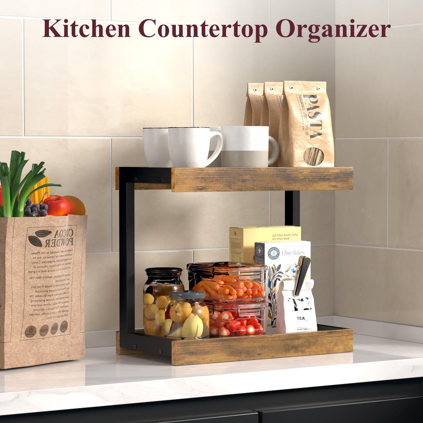 MARTY 2 Tier Spice Rack Organizer for Countertop, 15.8''L Coffee Station/Bathroom Organizer Countertop, Counter Shelf Desktop Storage Organizer for Kitchen, Bedroom, Office (Black)