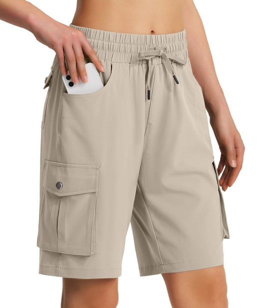 Hugut Women's 9" Hiking Cargo Shorts Quick Dry Lightweight Summer Shorts for Camping Travel Golf 6 Pockets Khaki