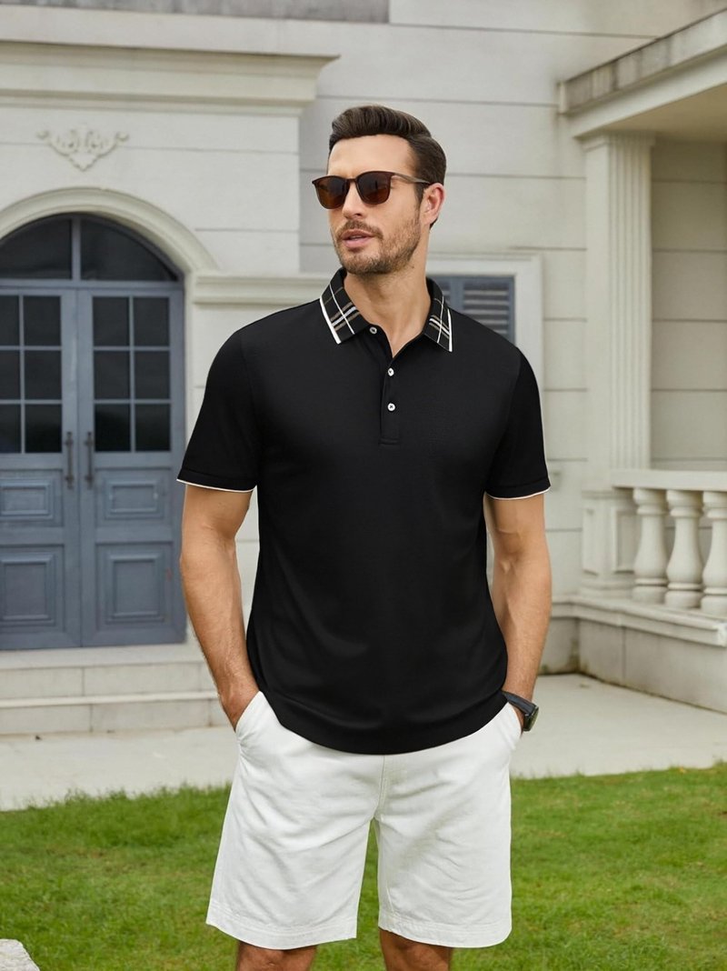 Alex Vando Mens Golf Shirts Moisture Wicking Quick-Dry Short Sleeve Fashion Designed Polo Shirts for Men,Black,M
