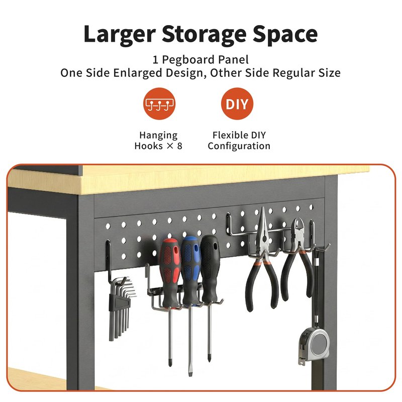 60" Adjustable Height Workbench,9-Level Heavy Duty Work Table with Storage Shelf Pegboard LED Light & Built-in Power Strip, 2010 lbs Load Capacity Rolling Tool Bench for Garage Workshop