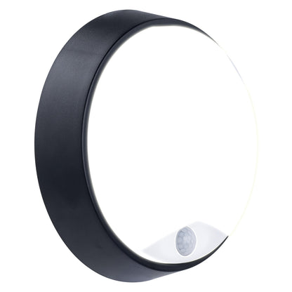 Luceco Eco Outdoor LED Bulkhead Light with PIR Motion Sensor, Decorative Exterior Lighting, Round, Black, IP54, 10W, 700lm, 4000K, EBER10P40