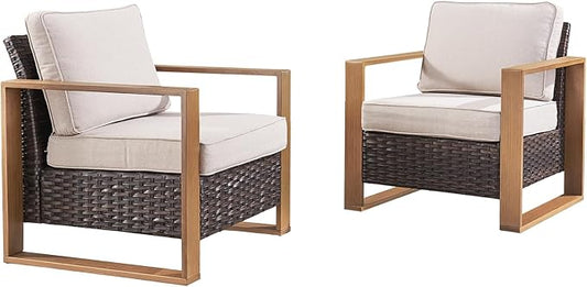 Rilyson Wicker Outdoor Patio Chairs Set of 2, Rattan Patio Furniture Chairs with Sturdy Frame,All-Weather PE Wicker,Wide Armrest,Deep Seating and Thick Cushions for Deck Porch Garden(Brown/Beige)