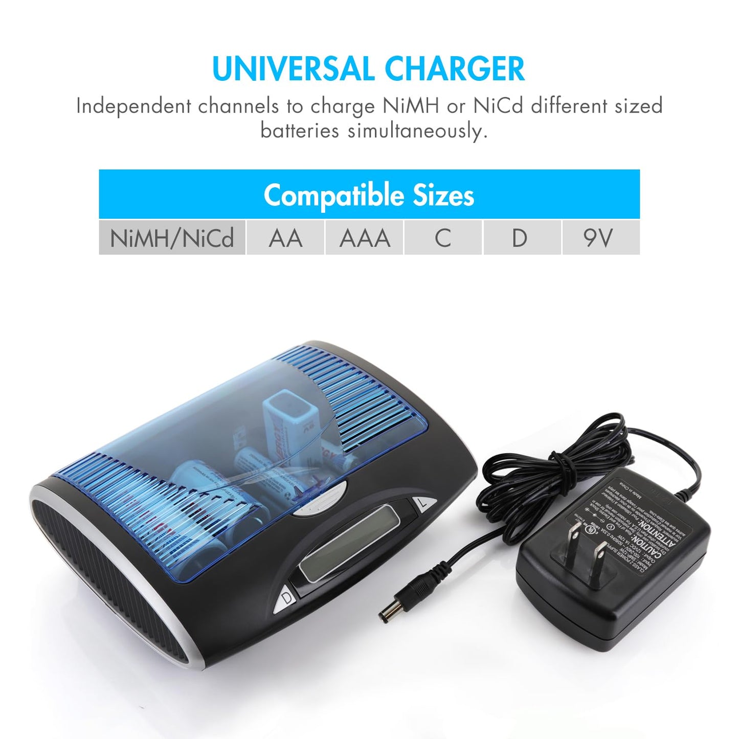 Tenergy T9688 LCD AA/AAA/C/D/9V NiMH/NiCd Battery Charger + Premium 26-Cell NiMH Rechargeable Battery 8AA/8AAA/4C/4D/2 9V Batteries