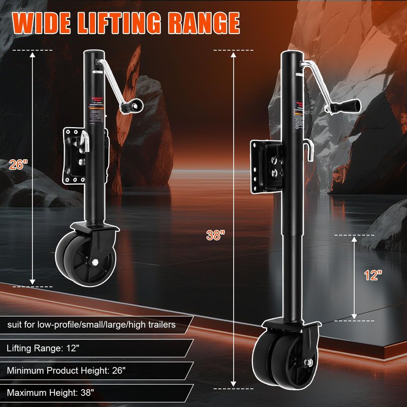 2000 lbs Trailer Jack with Wheel, with Bolt-on Mounting Hardware, 12 Inch Lift, Capacity Swivel Boat Trailer Jack with Dual Wheel 6 Inch Swing Back RV Camper