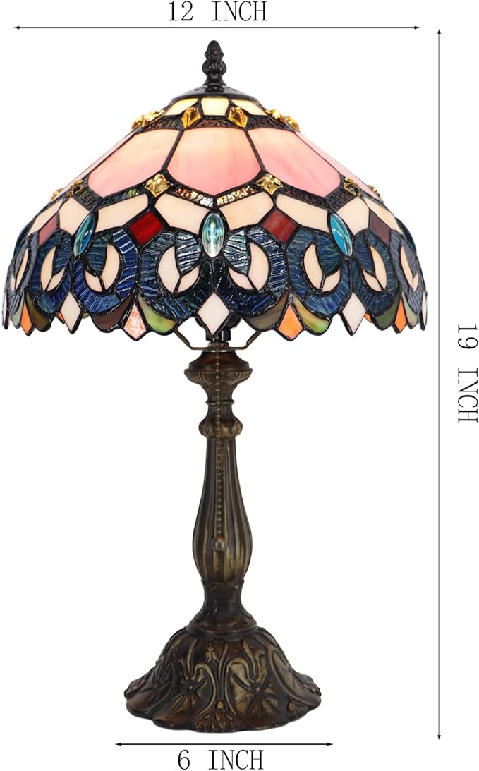 Tiffany Lamp Pink Stained Glass Table Lamp Bedside Reading Light W12H19 Inches (Pink Baroque Style)