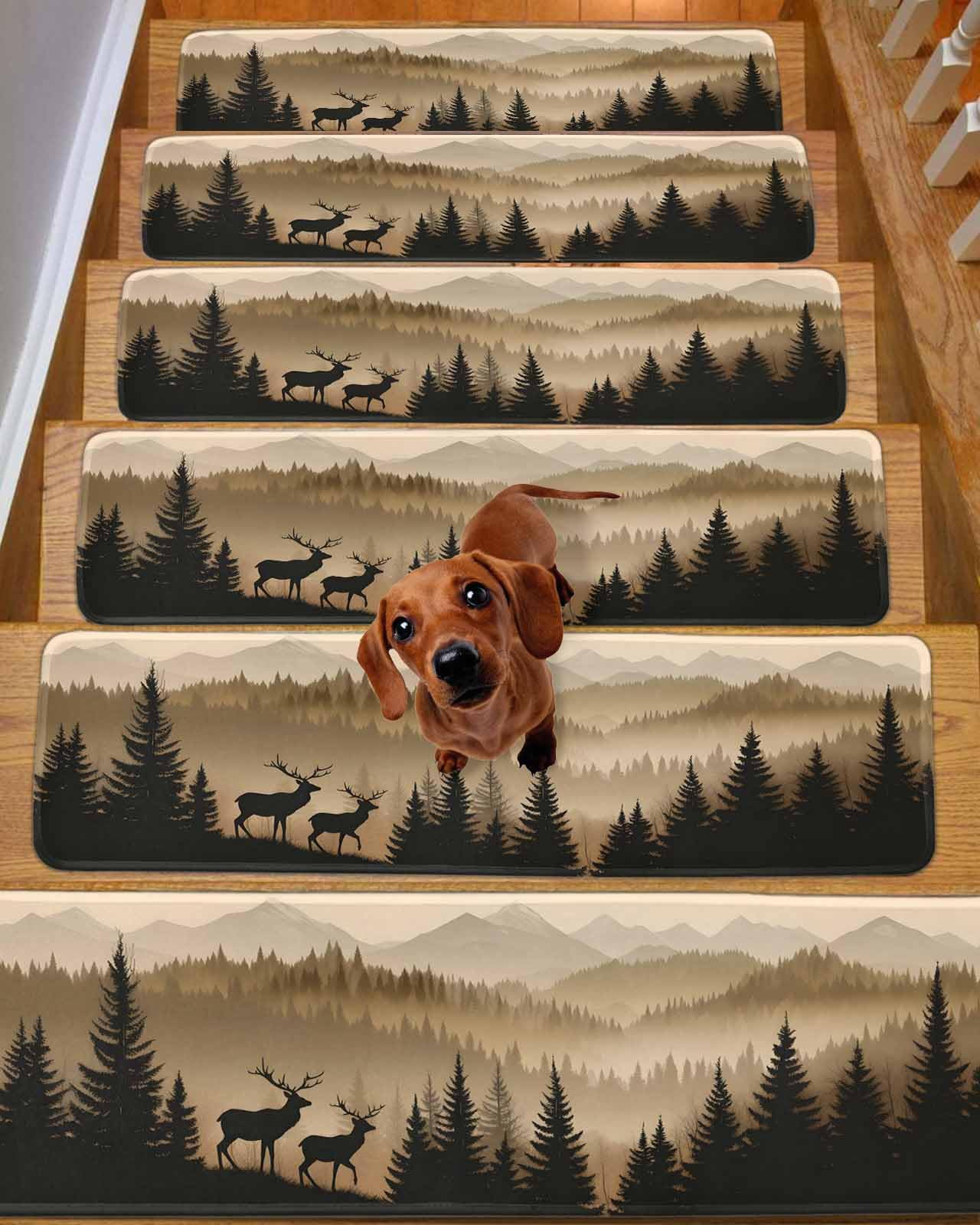 Black Forest Stair Treads for Wooden Steps Indoor Runner Rug Carpet, Deer Silhouettes Foggy Grey Pine Tree 10 Pieces Peel and Stick Staircase Step Treads Covers Washable Throw Door Mats 30"x8"