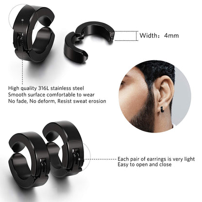 9 Pairs Magnetic Stud Earrings Stainless Steel Feather Dangle Hinged CZ Magnet Non-Piercing Cross Dangle Hoop Earring Set, Black, Stainless Steel