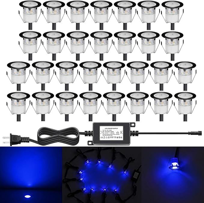Low Voltage LED Deck Light Kit Stainless Steel Waterproof Recessed Wood Decking Stairs Garden Yard Patio Decor Lamp Outdoor LED Lighting (Blue, 30pcs(Black Border))