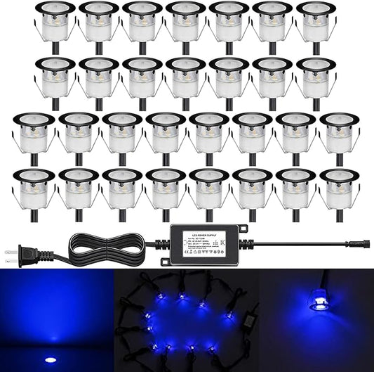 Low Voltage LED Deck Light Kit Stainless Steel Waterproof Recessed Wood Decking Stairs Garden Yard Patio Decor Lamp Outdoor LED Lighting (Blue, 30pcs(Black Border))