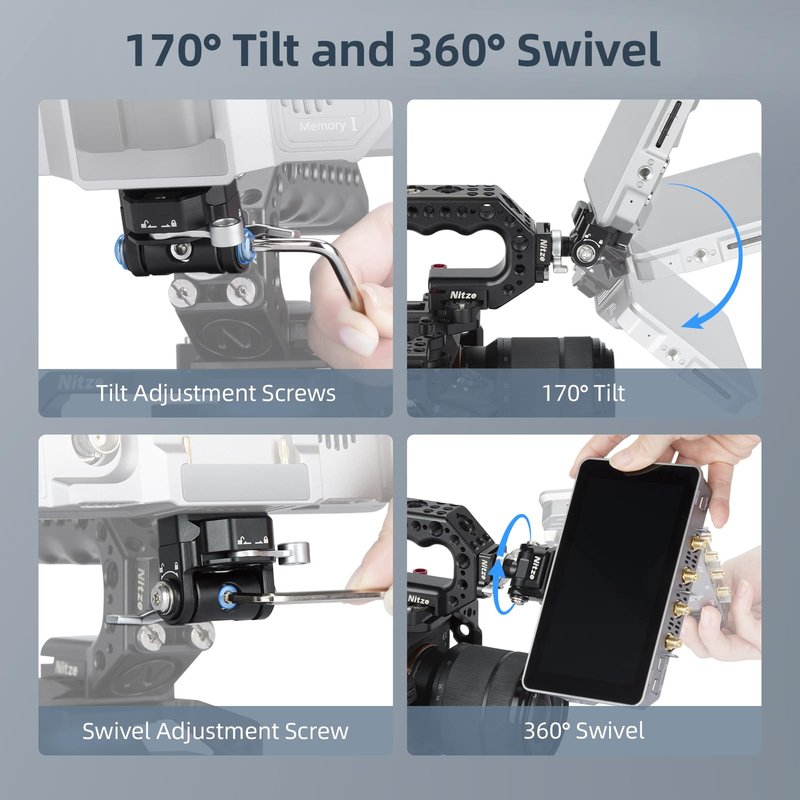 Nitze Quick Release Camera Monitor Mount (NATO Rail with 1/4” Screw and Retractable Pins to Cold Shoe), Field Monitor Mount with Adjustable NATO Clamp, 170° Tilt and 360° Pan - N54-S1
