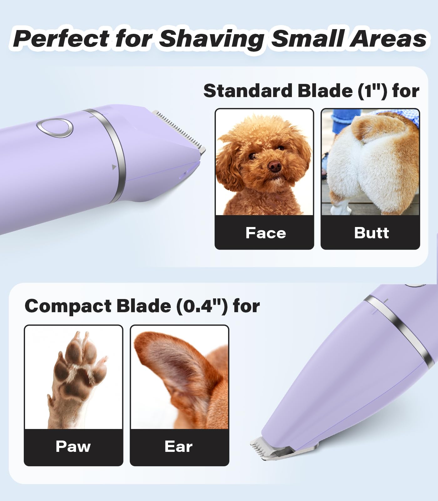 Casfuy Cordless Dog Paw Trimmer - Low Noise Dog Clippers with Double Blades USB Rechargeable Grooming Clipper for Dogs Cats and Small Pets for Trimming Hair Around Paws, Eyes, Ears, Face, Rump