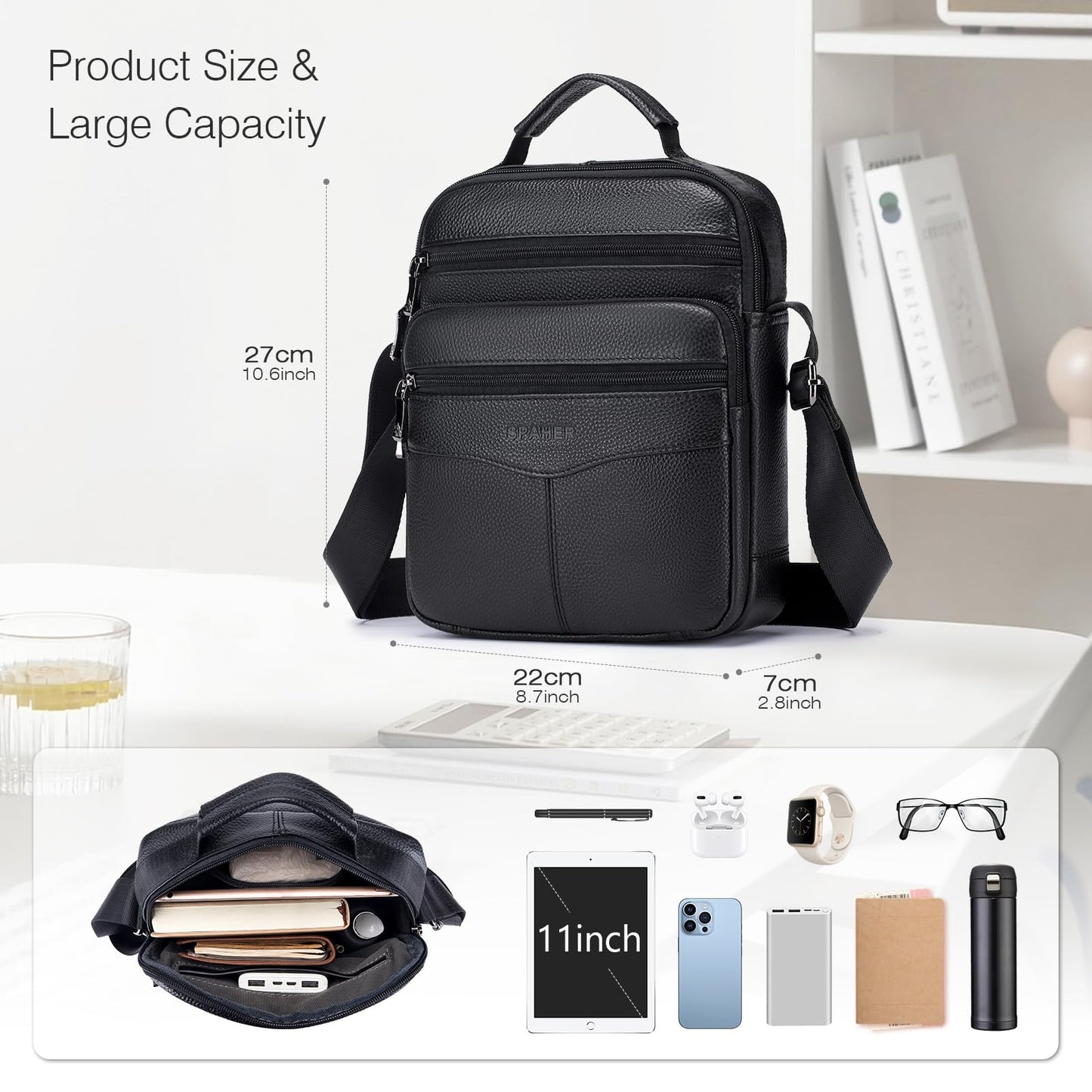 SPAHER Shoulder Bag Men Leather Handbag Business Messenger Backpack Crossbody Casual Tote Sling Travel Bag Document Bag with Top-Handle and Adjustable Strap Large Size