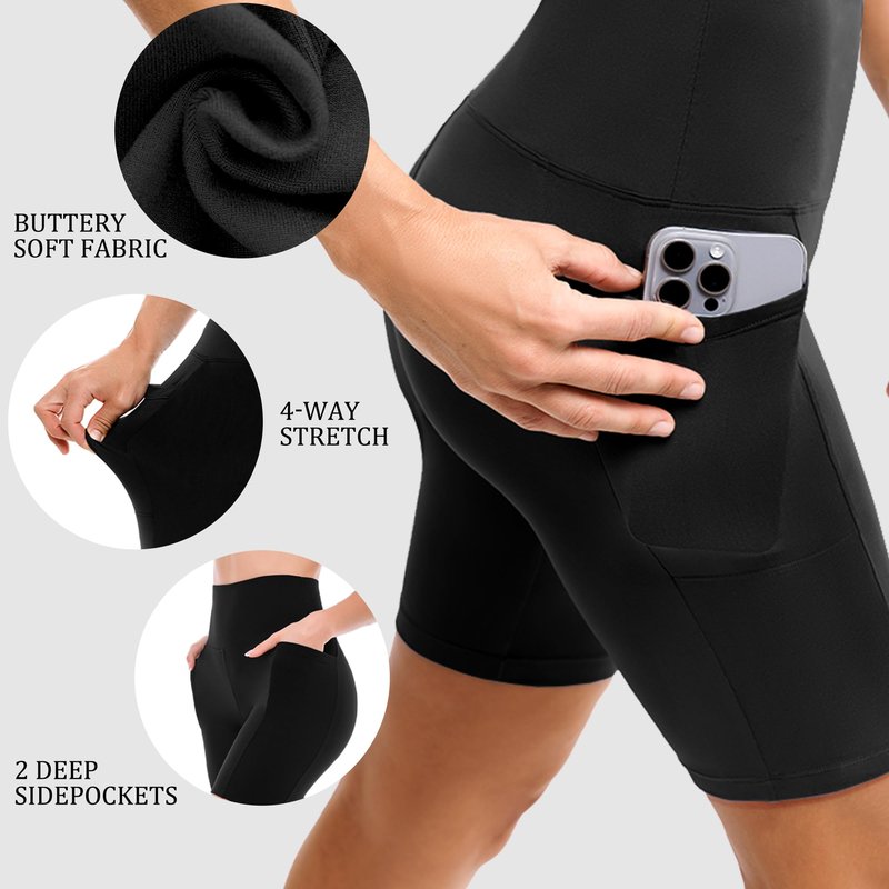 Ipletix 2 Pack Womens Biker Shorts with Pockets, 6" High Waisted Tummy Control Yoga Shorts for Women Running Gym Black/Black XXL
