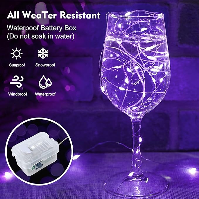 pozzolanas 12 Pack Purple Fairy Lights Battery Operated 3 Modes 7FT 20 LED Waterproof String Lights Twinkle Silver Wire for Mason Jars Wedding Christmas Halloween Party Decor (12, Purple)