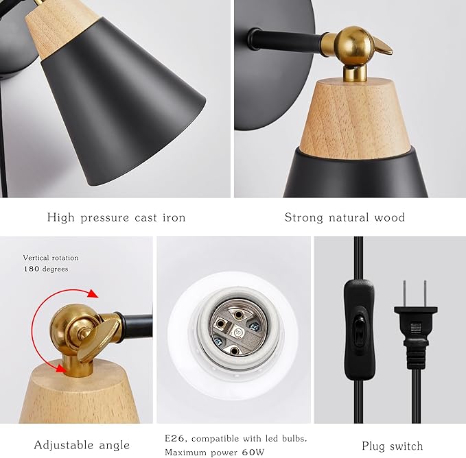 Wall Sconce with Metal Shade, Plug Switch, Indoor Decor Wall Mount Swing Arm Lamp for Bedroom,Hallway,Living Room,Reading, Black