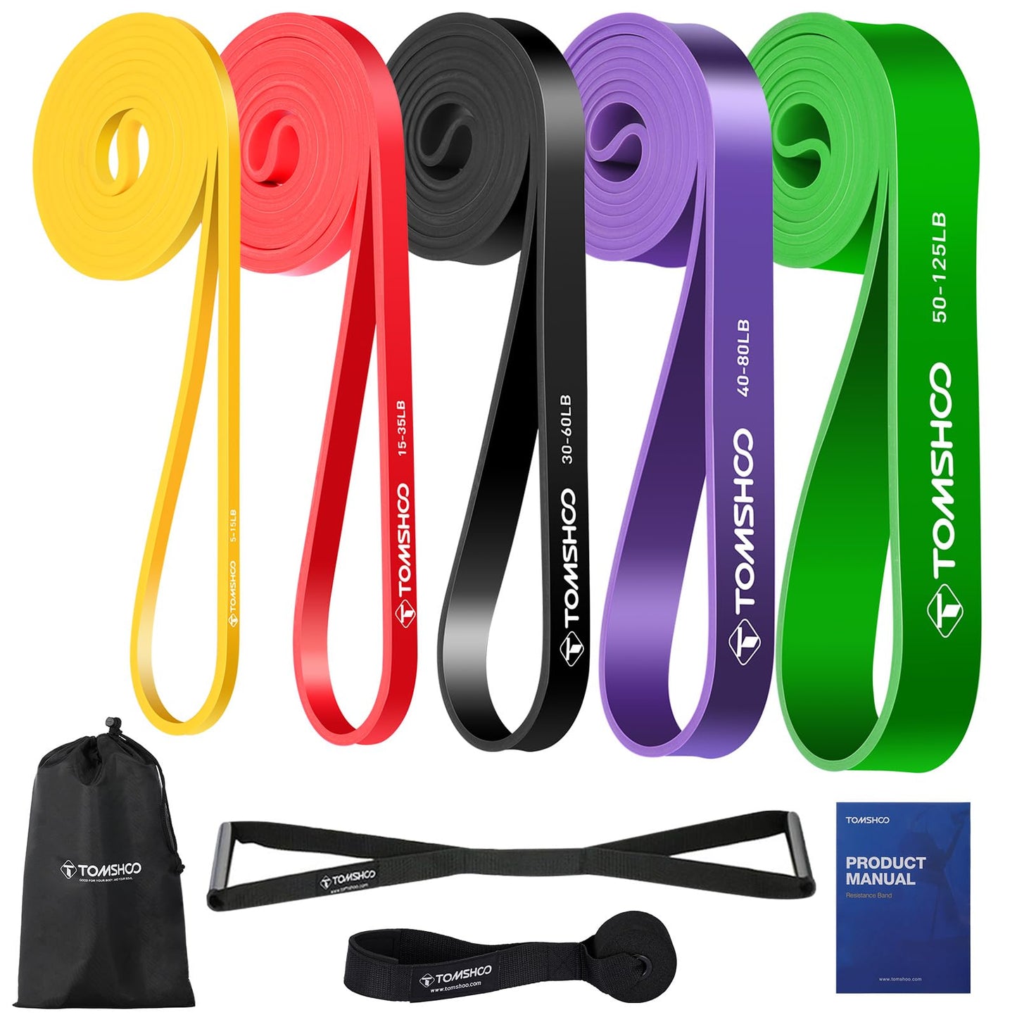 TOMSHOO 5 Packs Pull Up Assist Bands Set Resistance Loop Bands Powerlifting Exercise Stretch Bands with Door Anchor and Handles