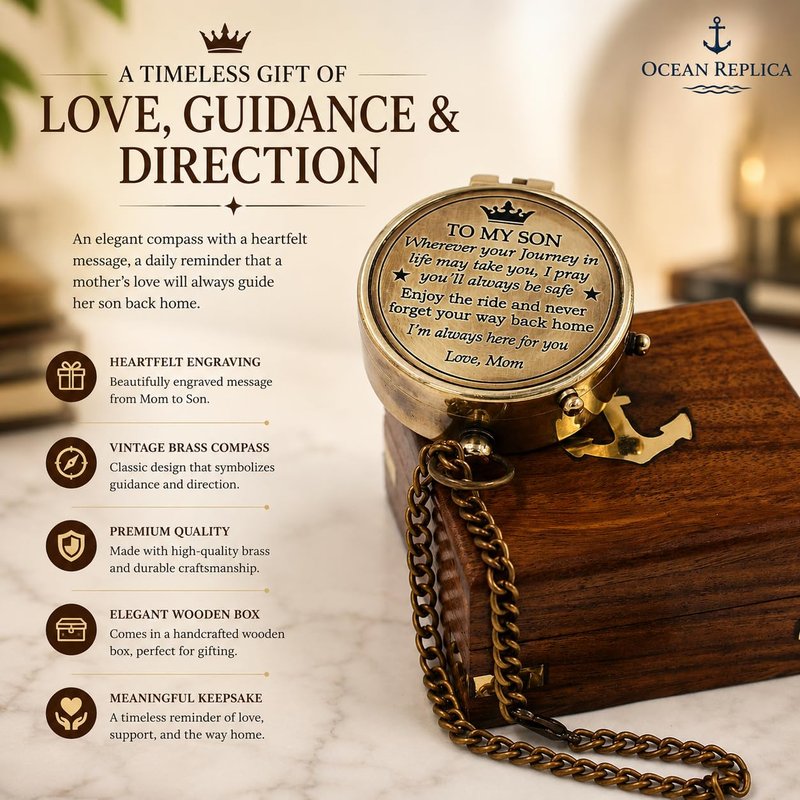 Mom to Son Compass – Engraved Compass Gift for Son from Mom – Birthday, Graduation, Confirmation, Parting or Sailor Gift – Inspirational Keepsake for Boys & Men