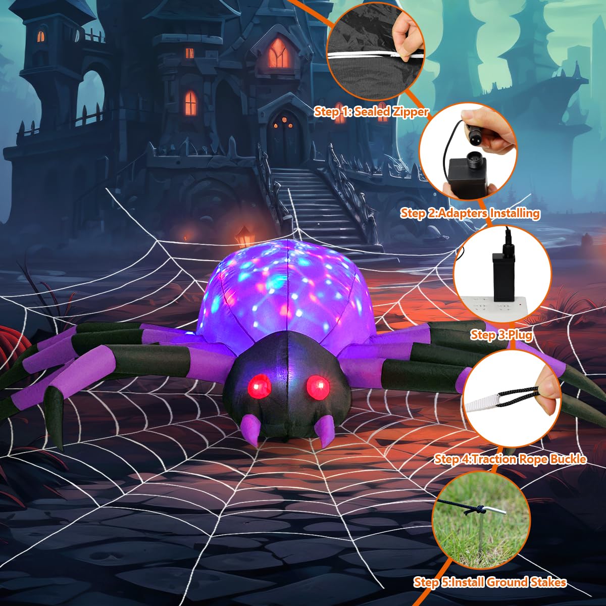 COMIN 9FT Width Halloween Inflatables Outdoor Decorations Spider Blow Up Yard Decoration with Built-in LED for Yard Garden Party Lawn (Purple)